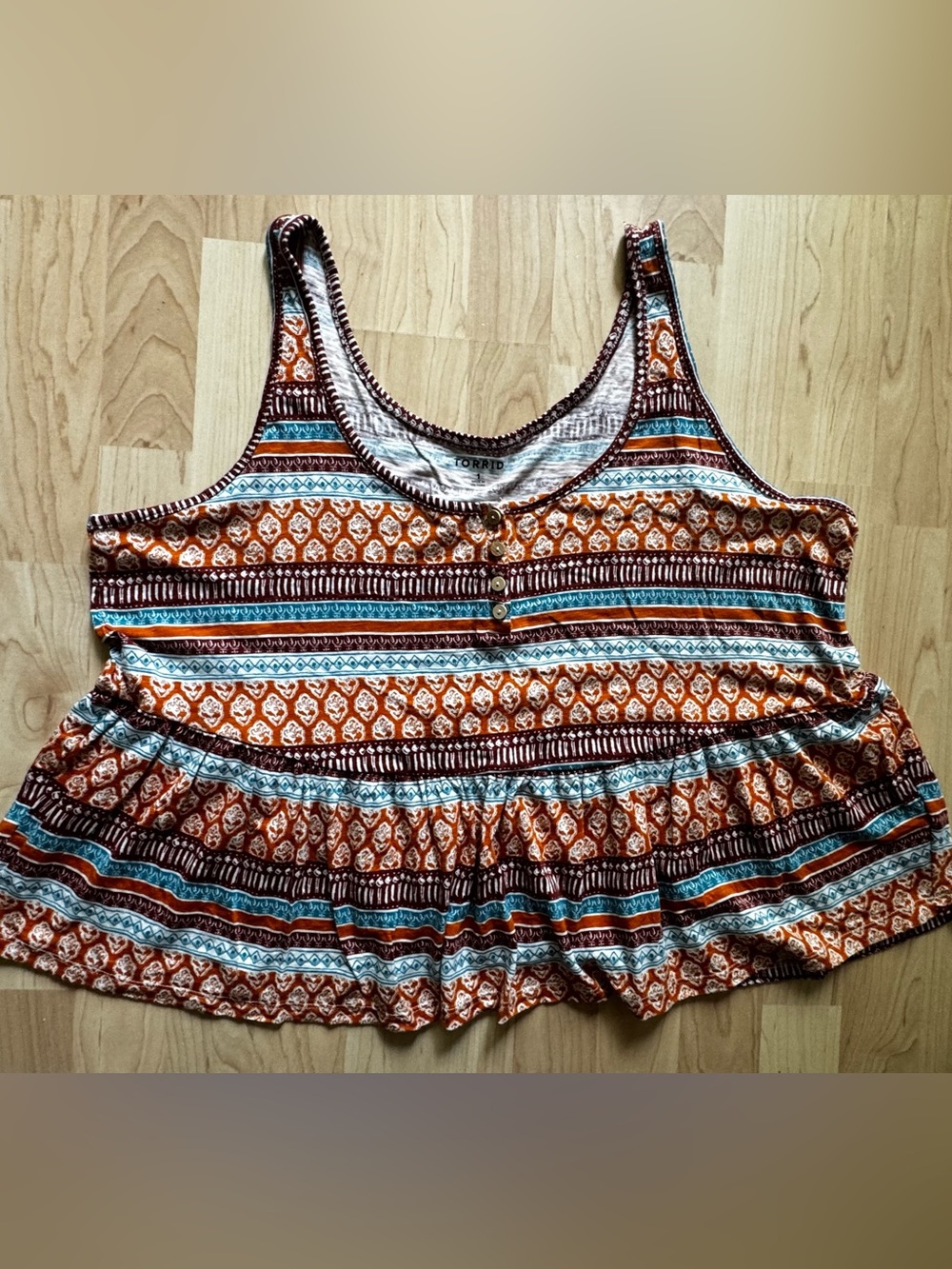 Torrid Orange and Teal Patterned Henley Tank